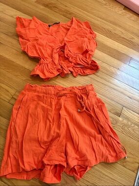 Amazon Orange Cropped Ruffle Wrap Top